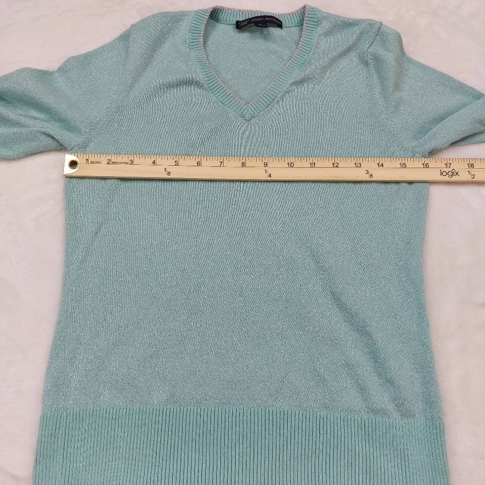 BROOKS BROTHERS 346 WOMENS BLUE AND SILVER METALLIC THREAD V-NECK SWEATER SIZE S - Picture 5 of 8
